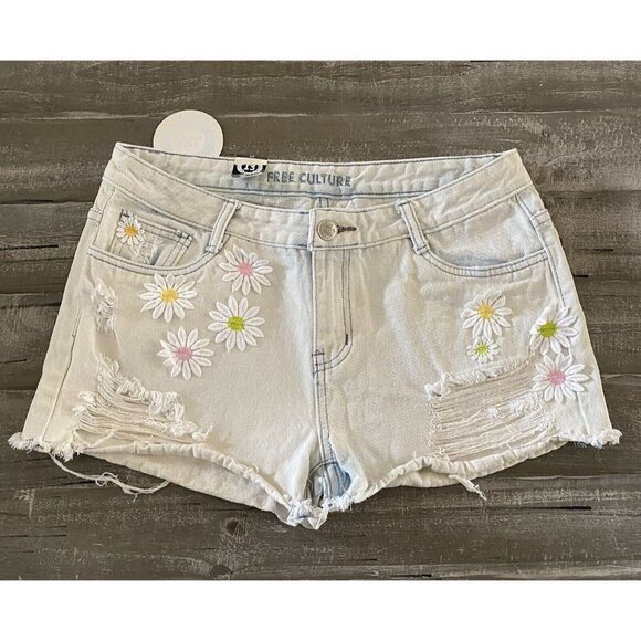 Free Culture Denim Shorts Womens Size 13 Junior’s Light Wash Mid Rise Distressed - Picture 1 of 10
